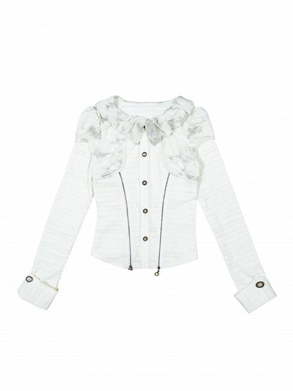 White Punk Textured Blouse with Ruffled Puff Collar & Front Side Zippers