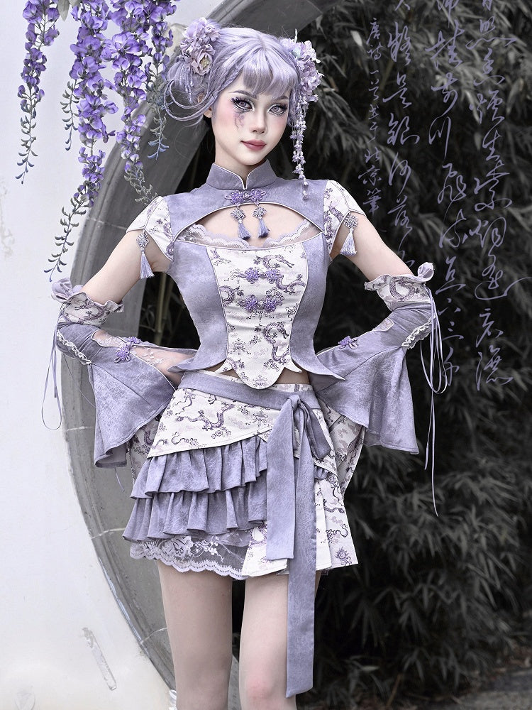 Clearance-Size S for Waist 65-69CM Purple Chinoiserie Dragon Print Fabric Skirt with Shorts Lining
