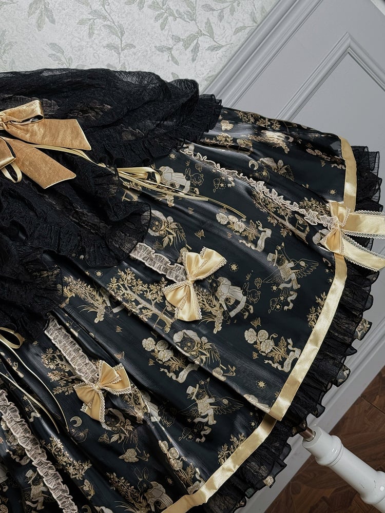 Black and Gold Corset Waist Drawstring Overlay Skirt Lolita Jumper Skirt
