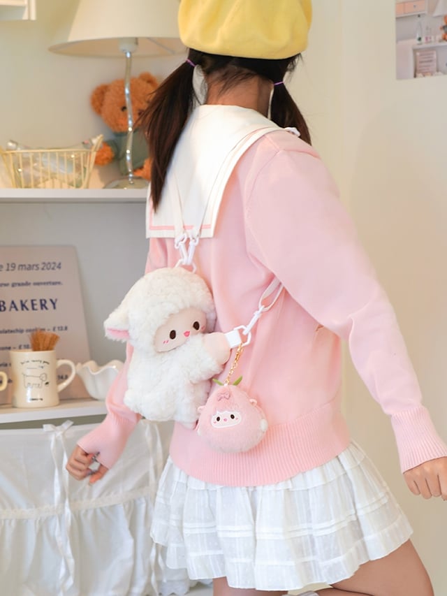 Cute Little Lamb White Plush Backpack/Crossbody Bag + Keychain