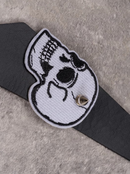 Black Gothic Skeleton Applique Studs Decorated Tie PU Choker