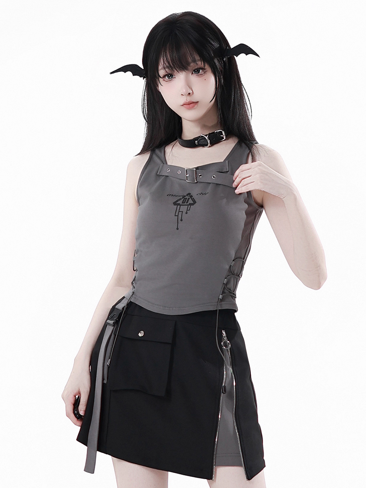 Buckle Strap Neckline Lace-up Side Gray Techwear Tank Top