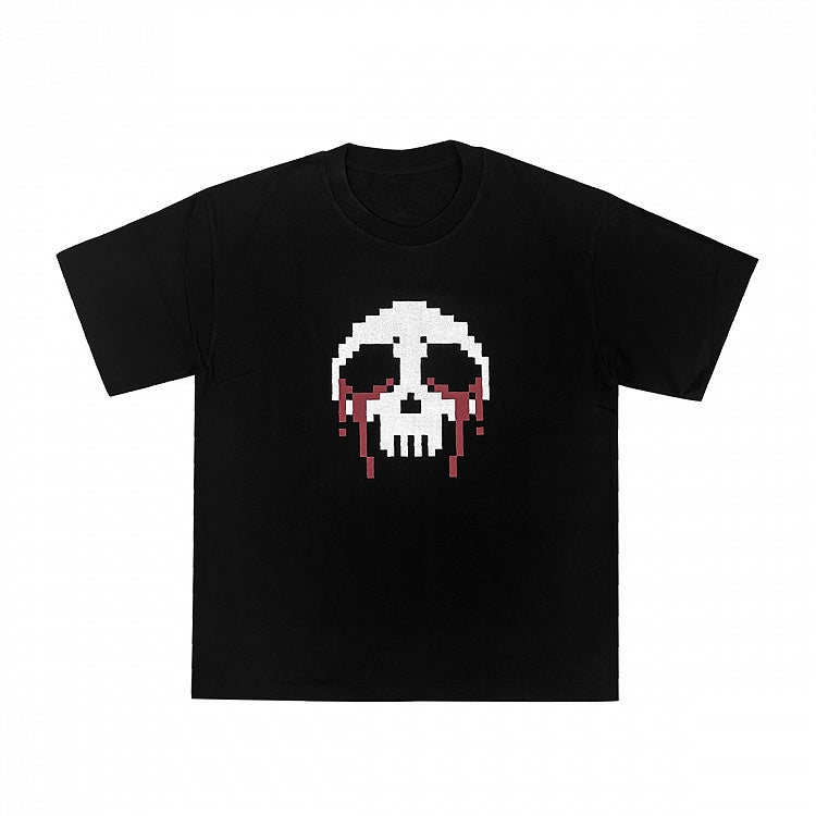 Black/White Round Neck Pixel Skeleton Print Cotton T-Shirt