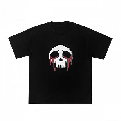 Black/White Round Neck Pixel Skeleton Print Cotton T-Shirt
