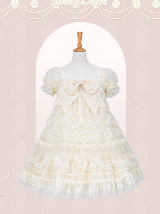Embroidered Big Bow Neckline Creamy White Short Puff Sleeves Lolita Dress