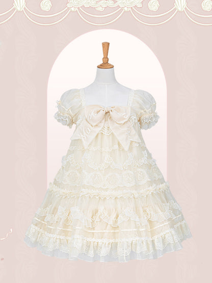 Embroidered Big Bow Neckline Creamy White Short Puff Sleeves Lolita Dress