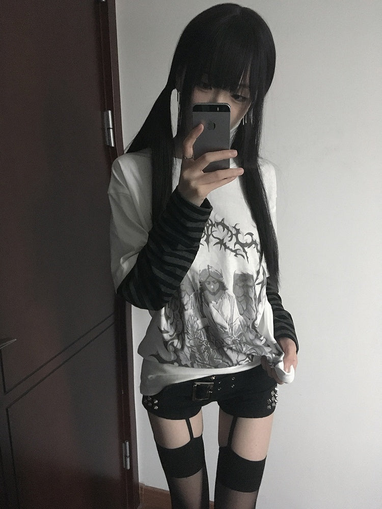 White Dark Kawaii Striped Sleeves Graphic T-shirt