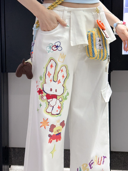 Cartoon Bunny Print White Low Waist Wide-leg Jeans