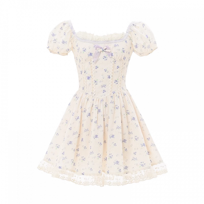 Beige Square Neckline and Short Puff Sleeves Mori Kei Floral Dress