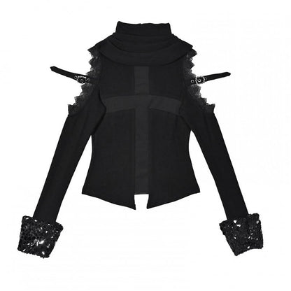 Black Open Shoulders Semi-sheer Cross Shaped Mesh Panels Goth Long Sleeve Top