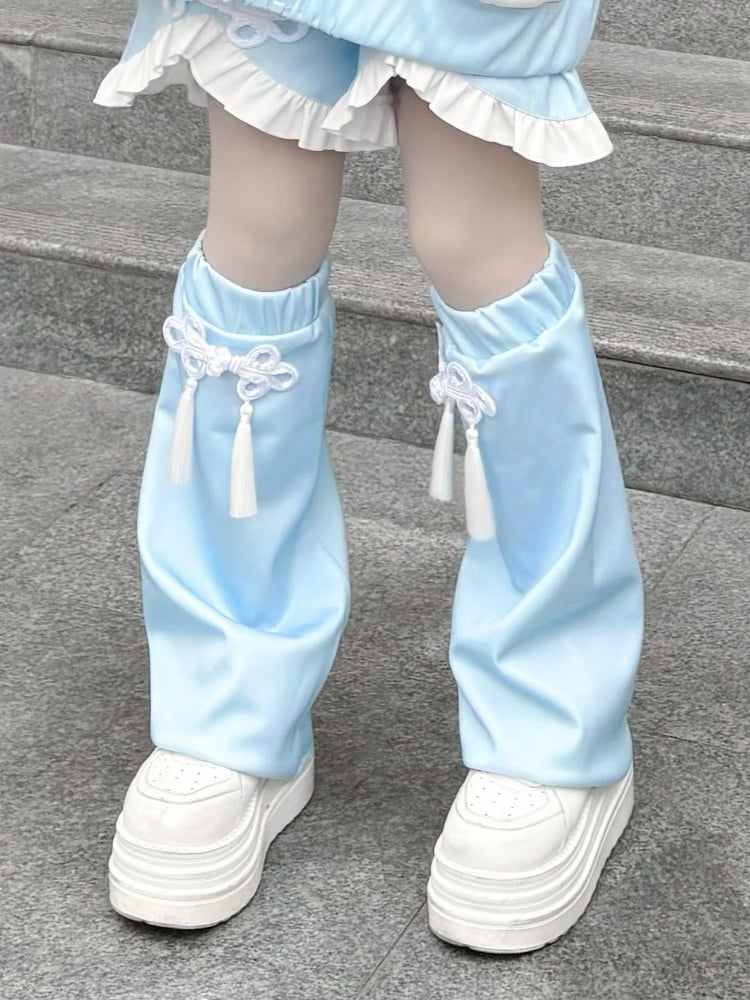 Tenshi Kaiwai Blue Tassel and Knot Button Leg Warmers