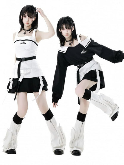 Wasteland Punk Black Snap Details Techwear Skirt