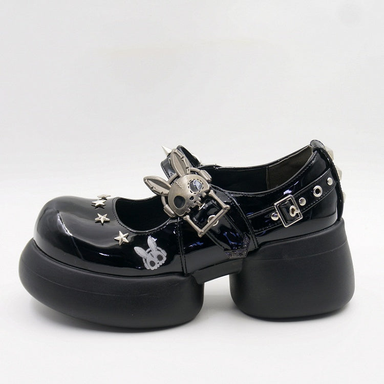 Studs Polished Black Platform Mary Janes with Skeleton Rabbit Buckles
