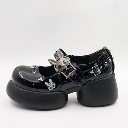 Studs Polished Black Platform Mary Janes with Skeleton Rabbit Buckles