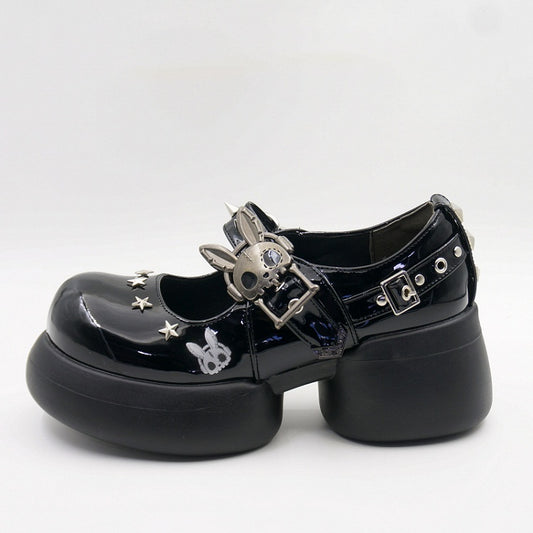 Studs Polished Black Platform Mary Janes with Skeleton Rabbit Buckles