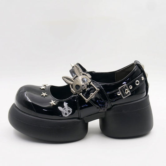 Studs Polished Black Platform Mary Janes with Skeleton Rabbit Buckles