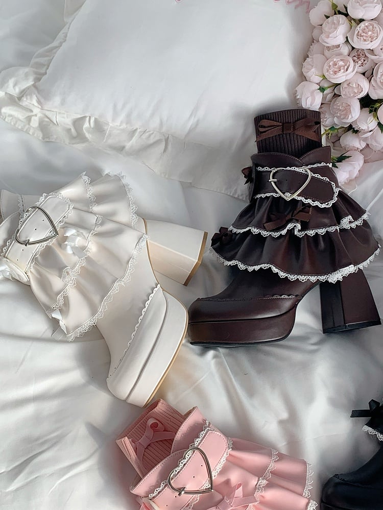 PU White Sweet Lolita High Block Heel Boots - Heart Buckle with Detachable Tiered Ruffles & Bow Details