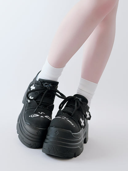 Yami Kawaii Matte Black Cross Velcro Strap Kitty Ears Design Platform Shoes