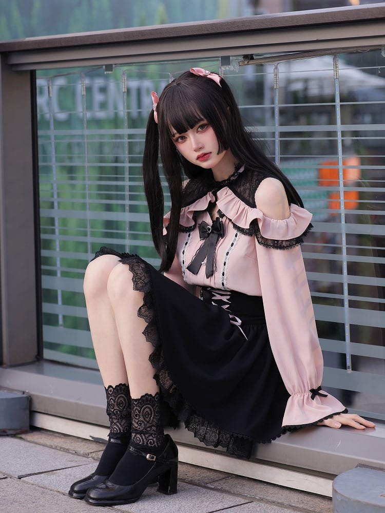 Jirai Kei Open Shoulders Long Sleeves Black and Pink Blouse