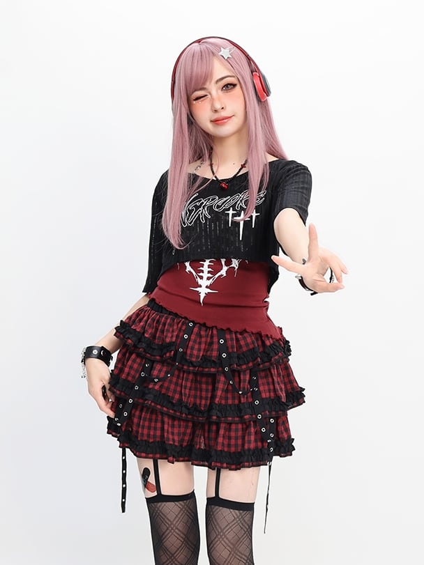 Y2K Red/Gray Halter Neck Graphic Tank Top with Black Cropped Coverup Set