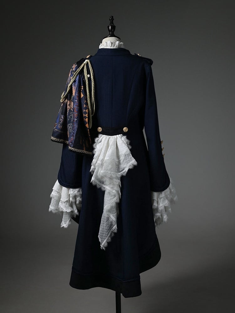 Ouji Fashion Lolita Knight Outfit - White Long Sleeves Top + Dark Blue One-shoulder Cape Tailcoat