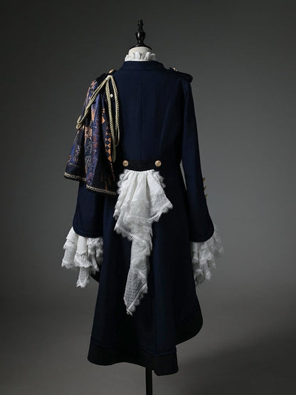 Ouji Fashion Lolita Knight Outfit - White Long Sleeves Top + Dark Blue One-shoulder Cape Tailcoat