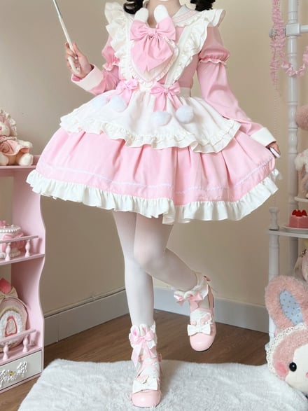 Bunny Ears Sailor Collar Pink Short Sleeves Maid Lolita Dress with White Apron