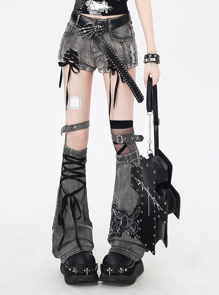 Dusty Gray Lace-up Details Hem Denim Shorts with Butterfly Applique Leg Warmers