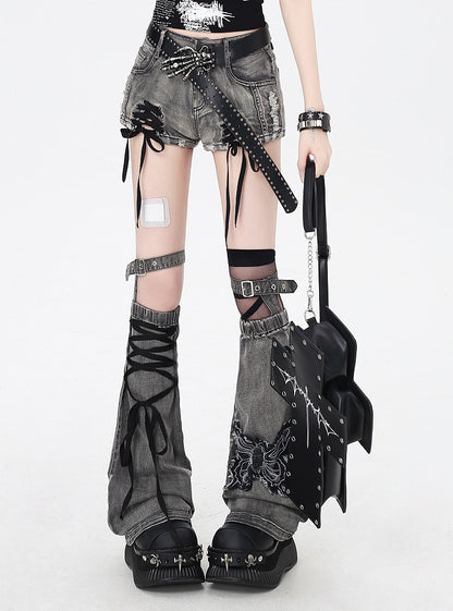 Dusty Gray Lace-up Details Hem Denim Shorts with Butterfly Applique Leg Warmers