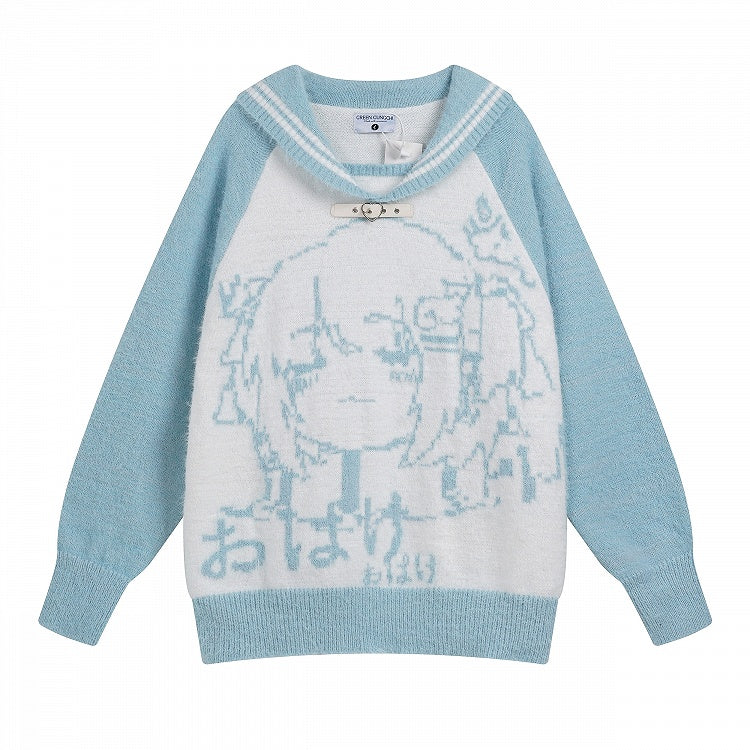 Black/Blue/Pink Sailor Collar Plush Sweater with Cartoon Girl Design - Oversized Fit