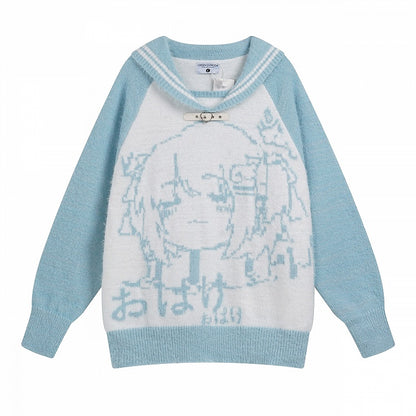 Black/Blue/Pink Sailor Collar Plush Sweater with Cartoon Girl Design - Oversized Fit