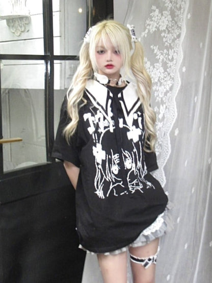 Black Jira Kei T-Shirt with Detachable Sailor Collar and Manga Girl Print