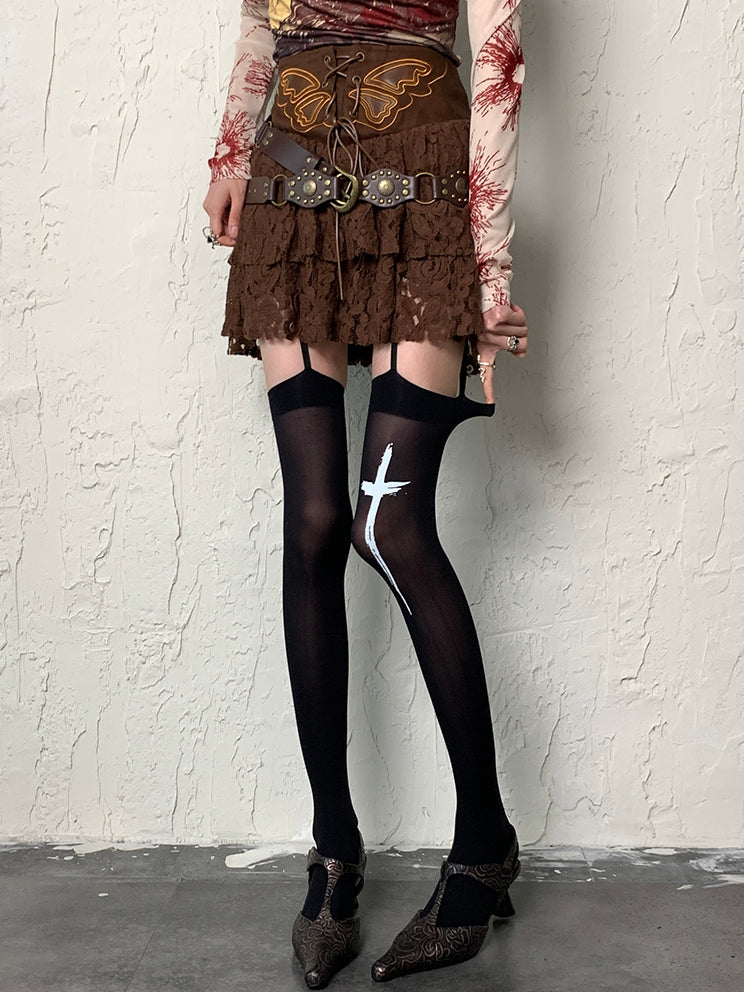 Black Y2K Cross Print Suspender Stockings