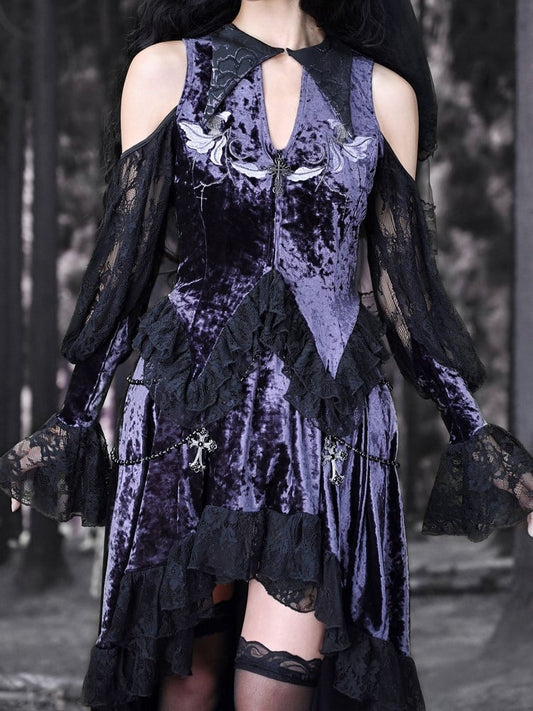 Gothic Velvet Embroidered Open Shoulder Top Double Layered Lace Hem
