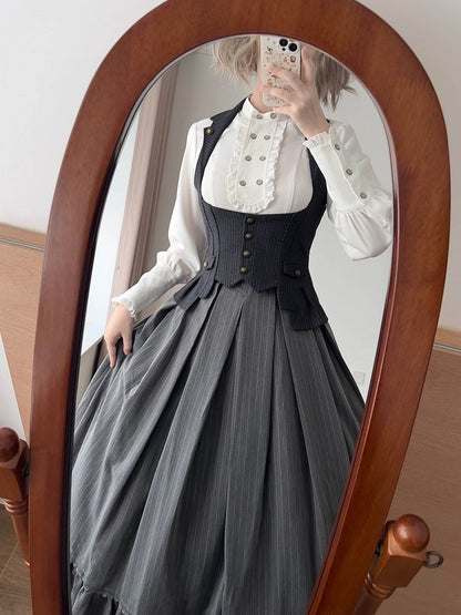 Dark Gray Under Bust Striped Waistcoat with Lapel Collar