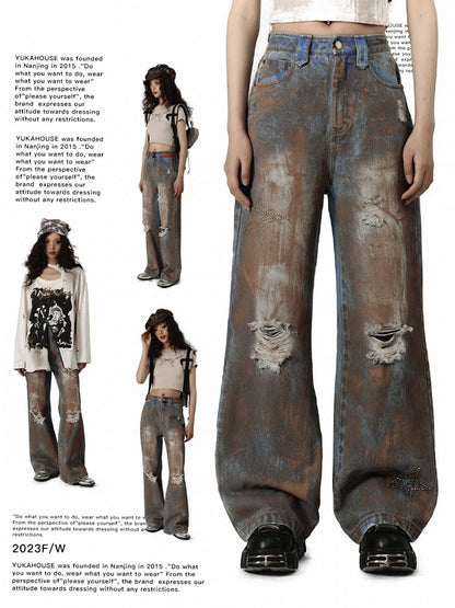 Wasteland Punk Blue Tie Dye Straight Leg Jeans Distressed Holes