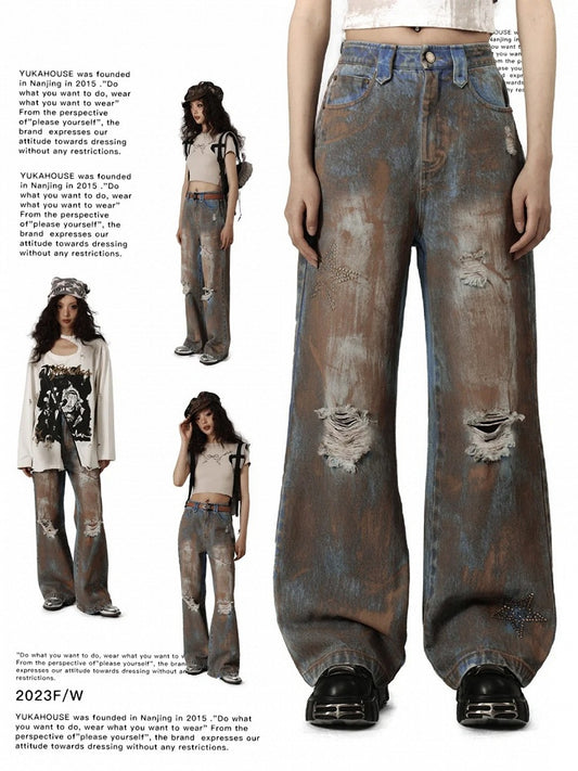 Wasteland Punk Blue Tie Dye Straight Leg Jeans Distressed Holes