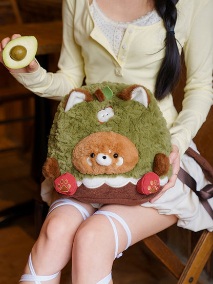 Brown&Green Apple Design Cute Plush Red Panda Backpack Middle/Large Size