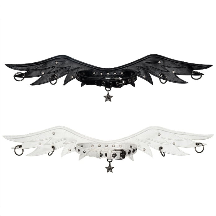 Black/White Angel Wings Stud Details PU Buckle Strap Choker