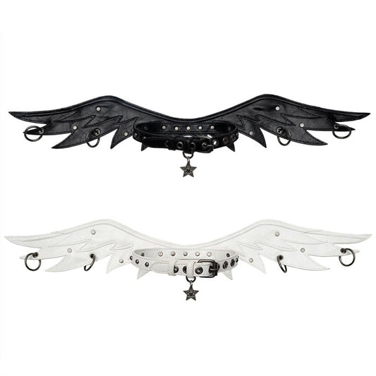 Black/White Angel Wings Stud Details PU Buckle Strap Choker