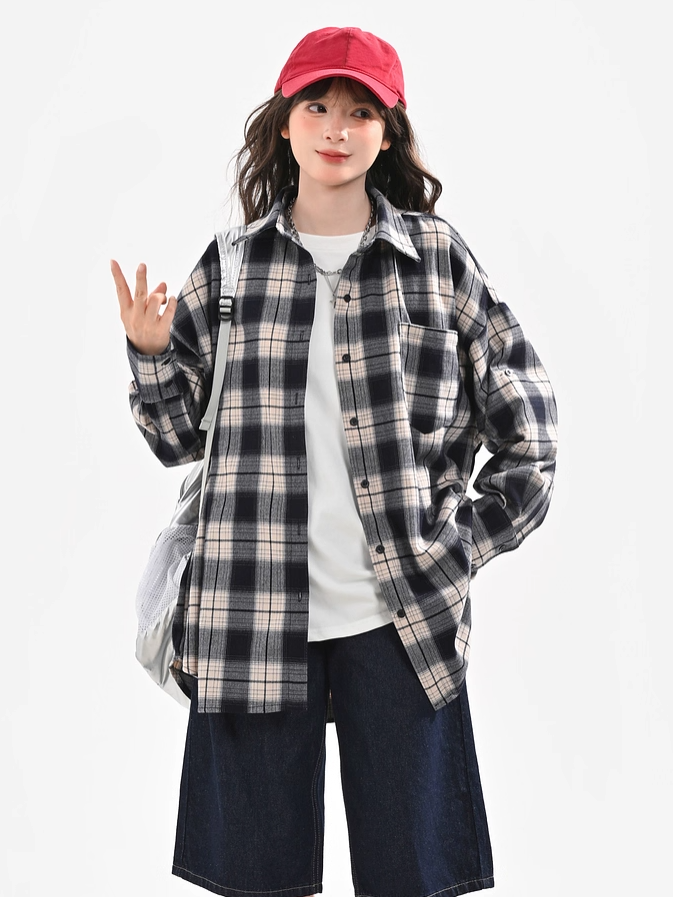 Navy Blue Front Button Placket Vintage Plaid Shirt