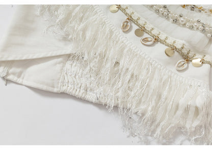 Baroque Bead Details Fringe Hem Black/White Crossover Design Strapless Top