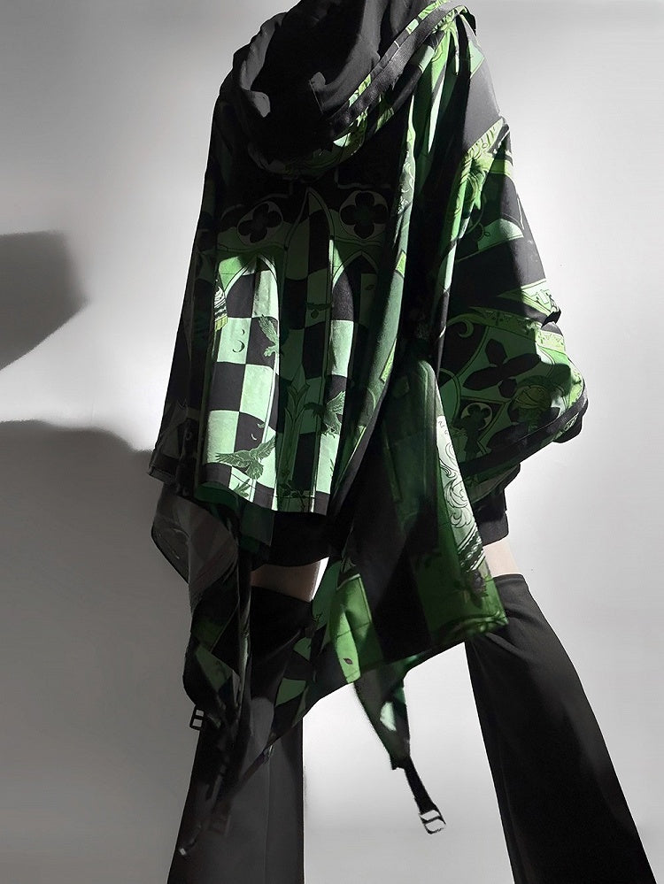 Green Cyberpunk Techwear Ouji Fashion Cat Ears Hooded Top Buckle Strappy Details