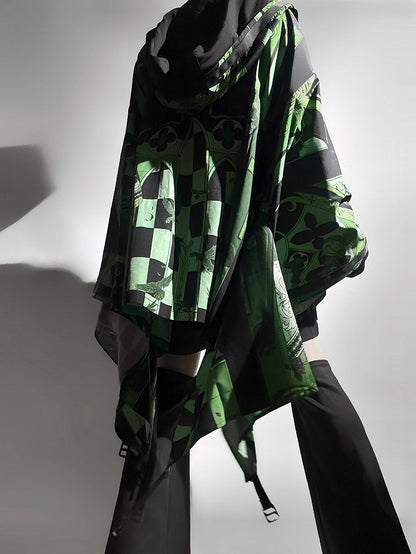 Green Cyberpunk Techwear Ouji Fashion Cat Ears Hooded Top Buckle Strappy Details