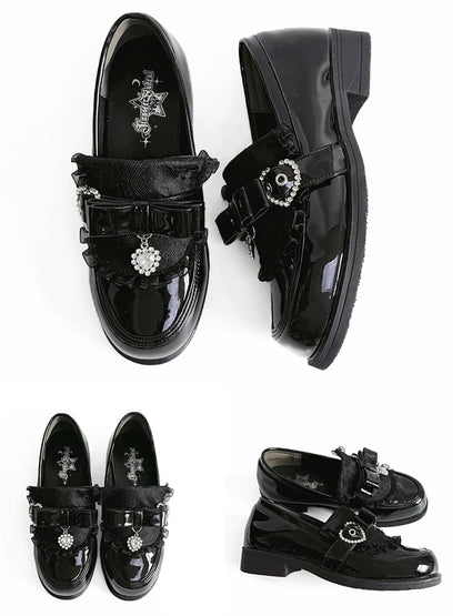 Polished Black Jirai Kei Slip-On Loafers - Low Heel with Rhinestone Decor Bow Accents