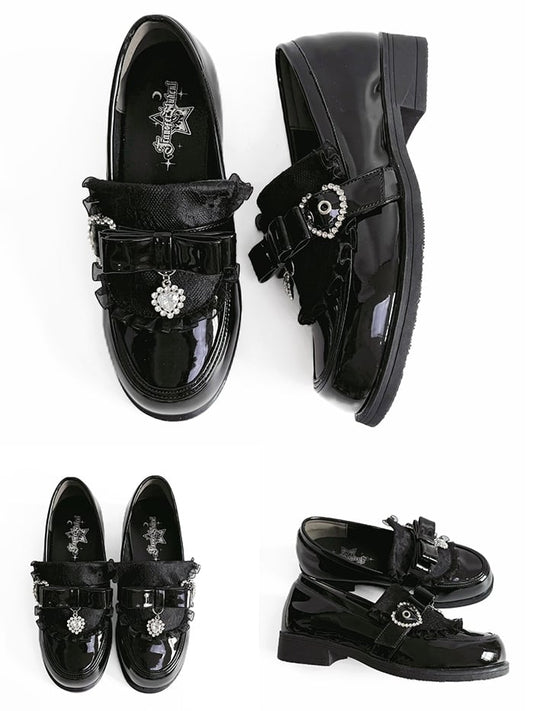 Polished Black Jirai Kei Slip-On Loafers - Low Heel with Rhinestone Decor Bow Accents