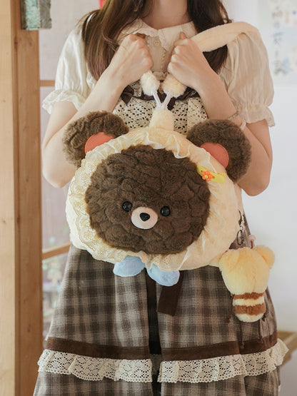 Brown&Beige Bear-shaped Lace Trim Plush Backpack