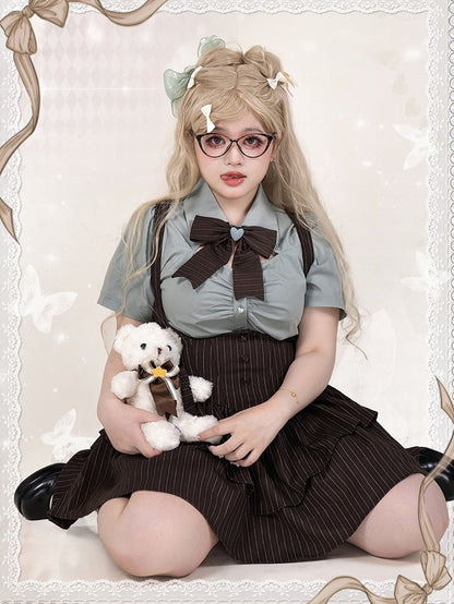 Plus Size Preppy Style Mint Blue Heart Buttons Short Sleeves Blouse