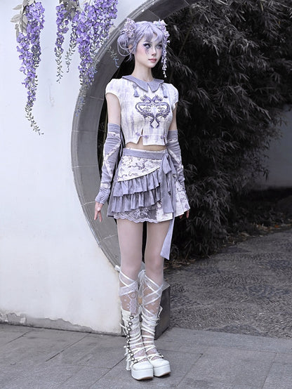 Summer Purple Dragon Print Tie Dye Knitted Cropped Top