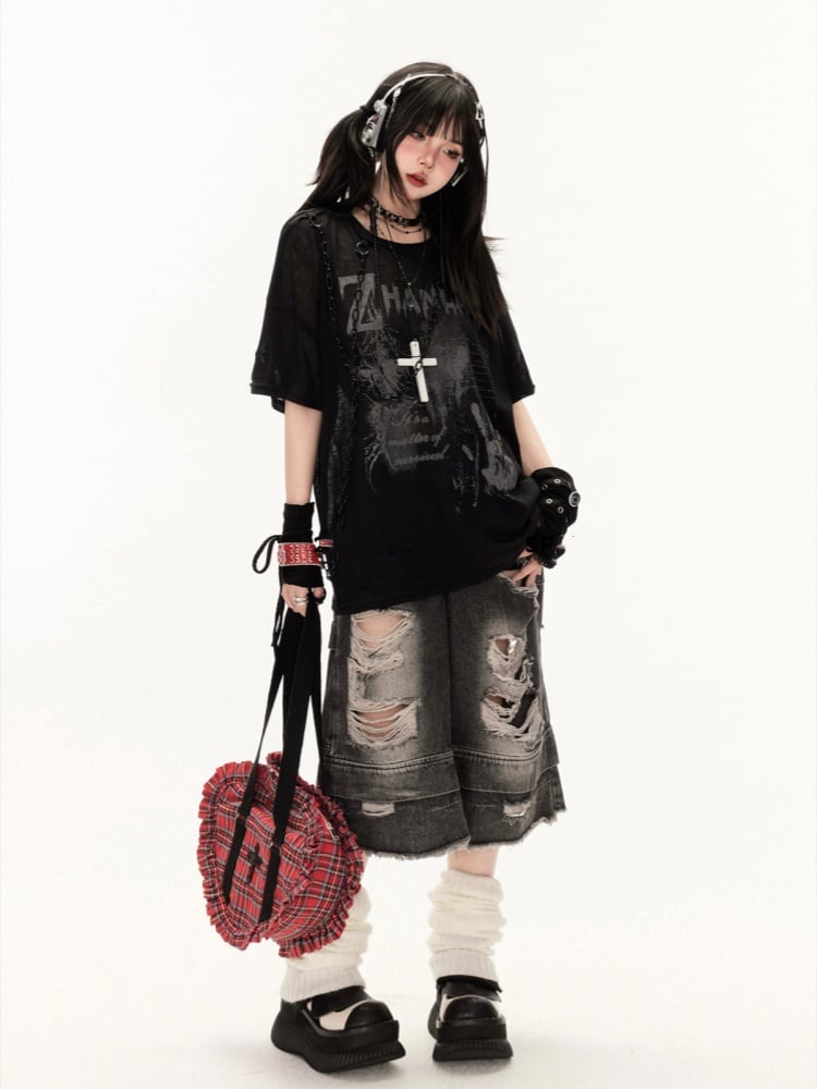 White/Black Round Neck Punk Print Semi-sheer Coverup